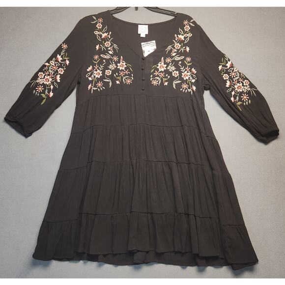 Francescas Blue Rain Black Embroidered Mini Dress Size Medium Boho Tiered‎ Flowy - Picture 1 of 3